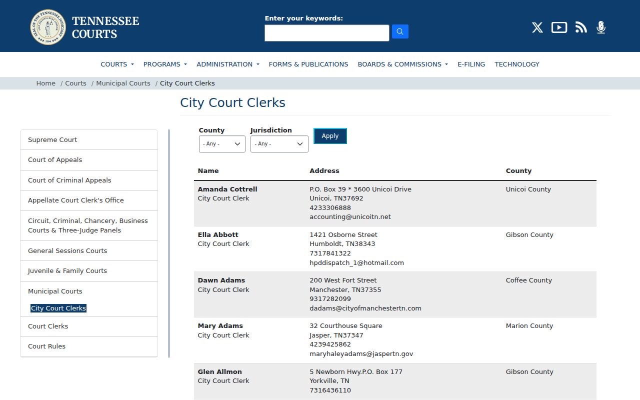 Sevier County criminal court case municipal clerk directory