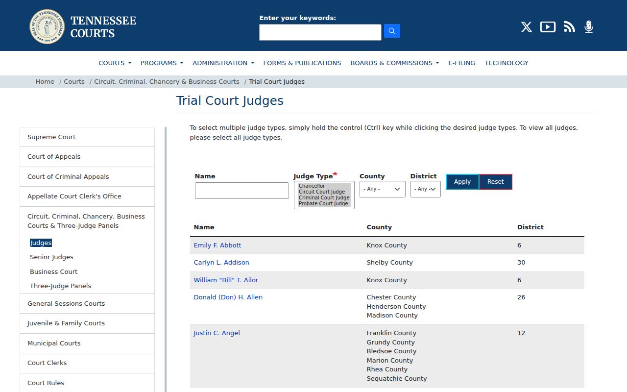 Sevier County criminal court case trial judge directory