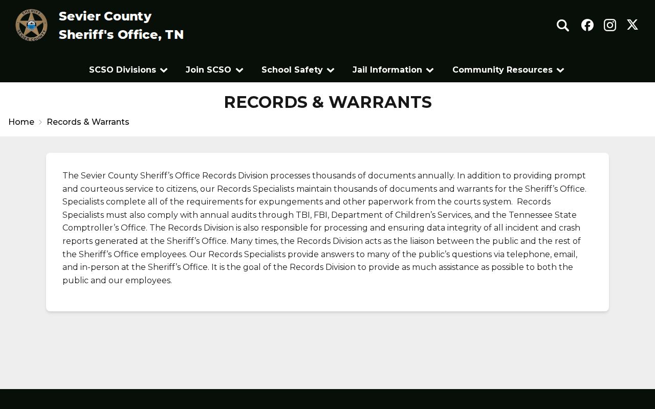 Sevier County criminal records and warrants office page