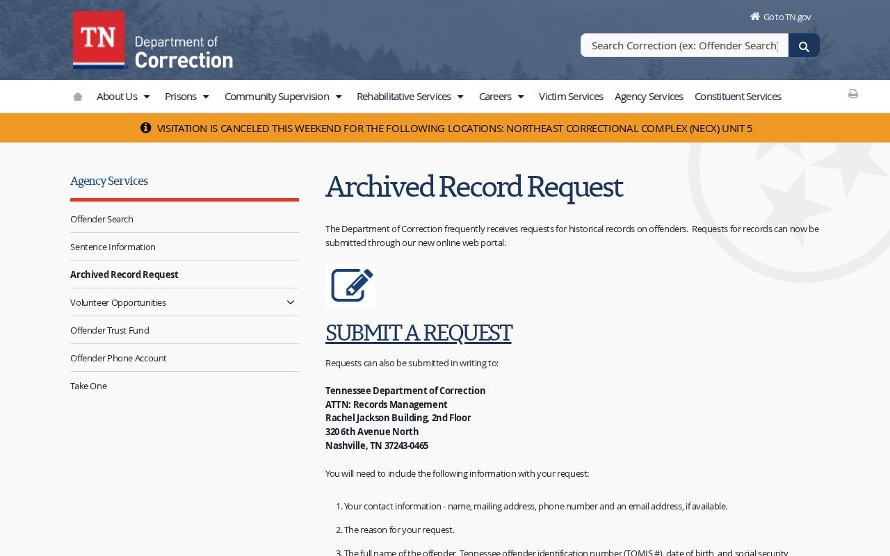 Sevier County criminal history TDOC archived records instructions