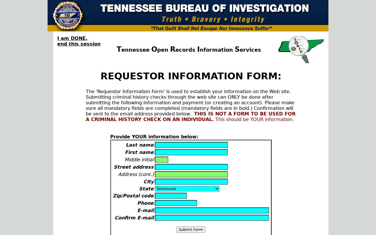 Sevier County criminal history TORIS requester form