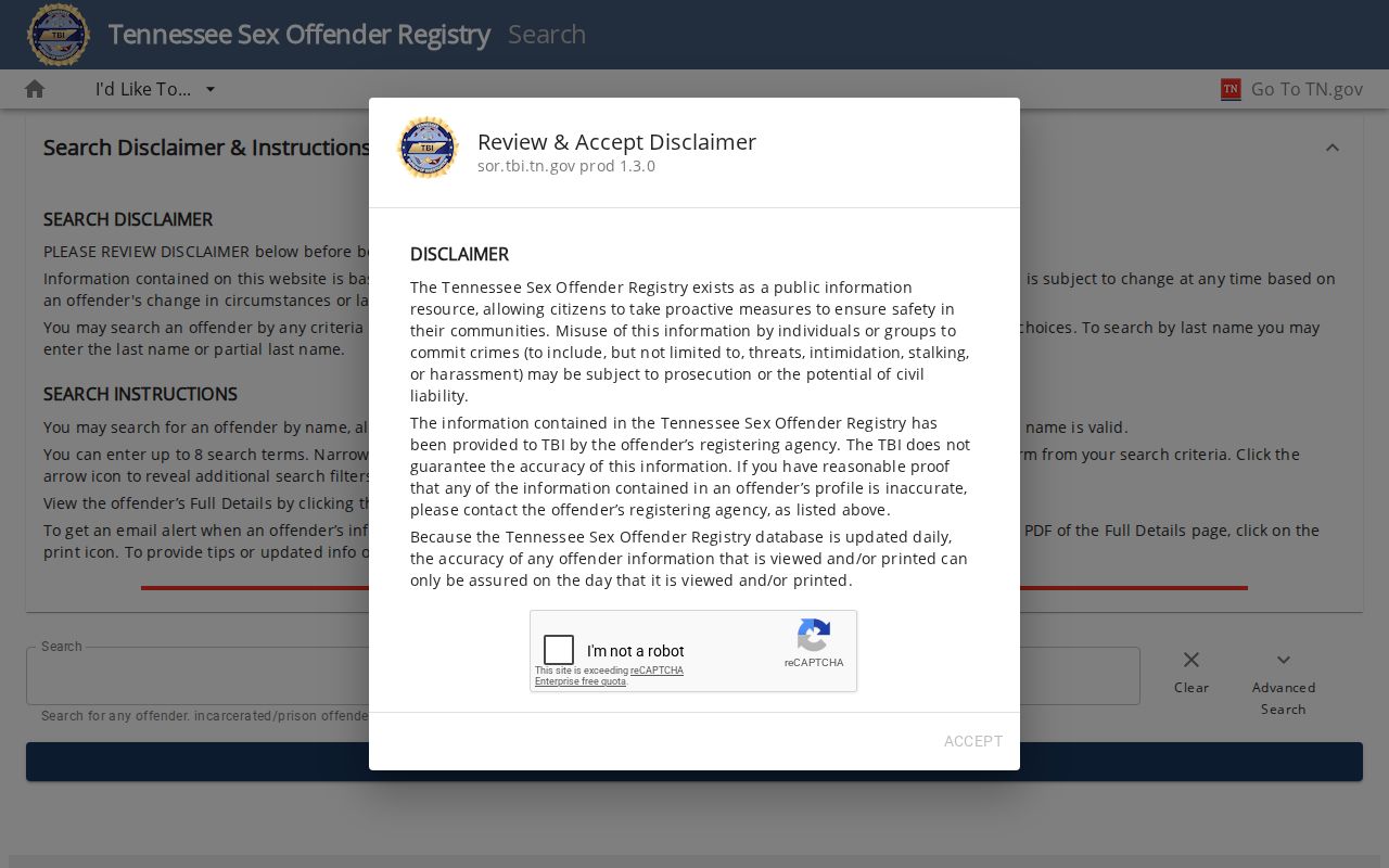 Sevier County sex offender check fields on the Tennessee registry